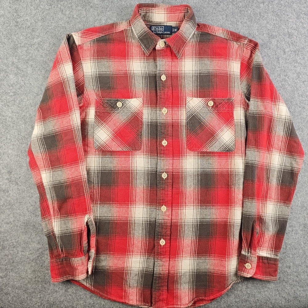 Polo Ralph Lauren Flannel Shirt Mens Medium Red Gray Plaid Workshirt Button